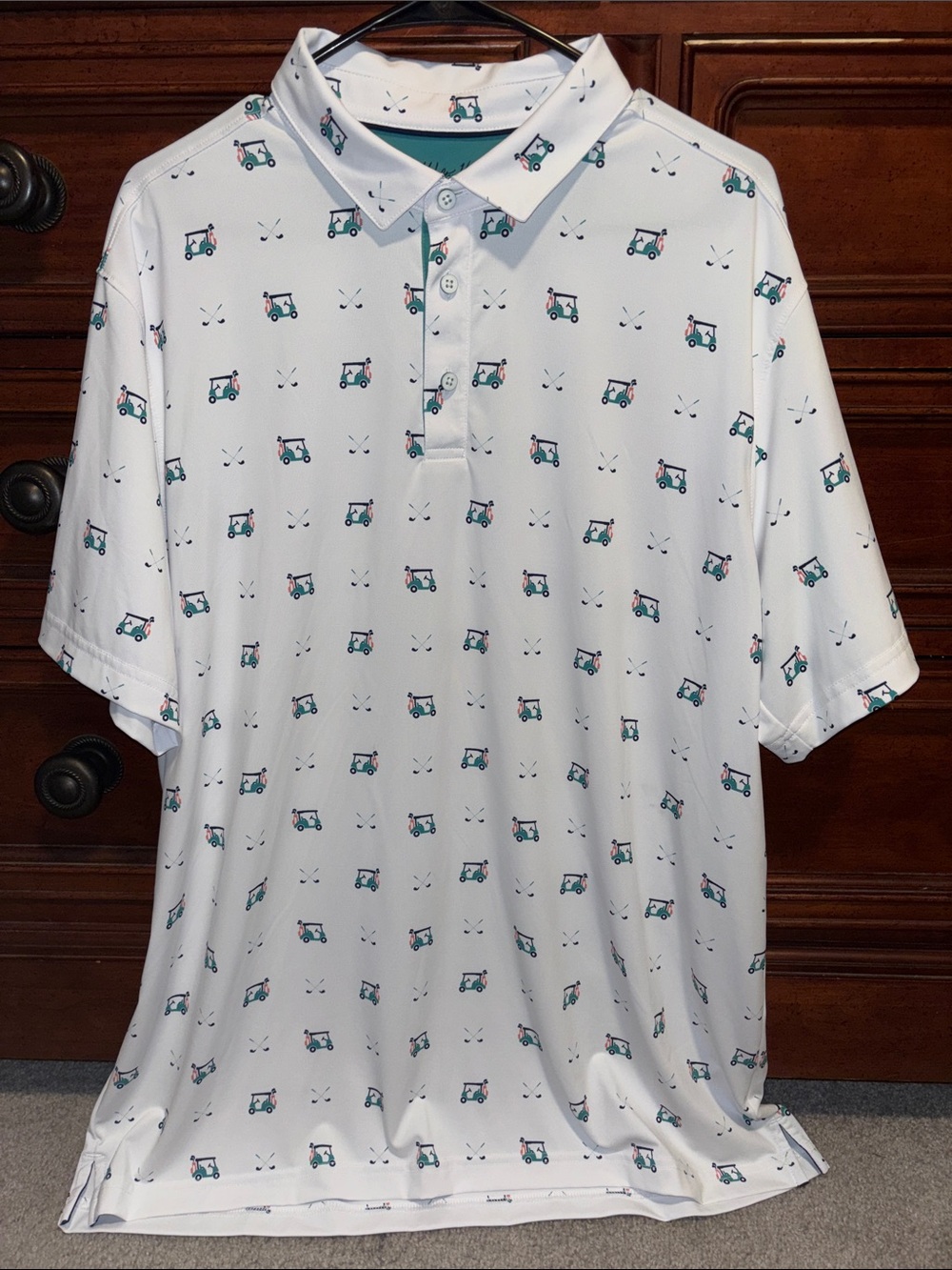 Walter Hagen White Polo with Teal and Pink Golf Cart Print